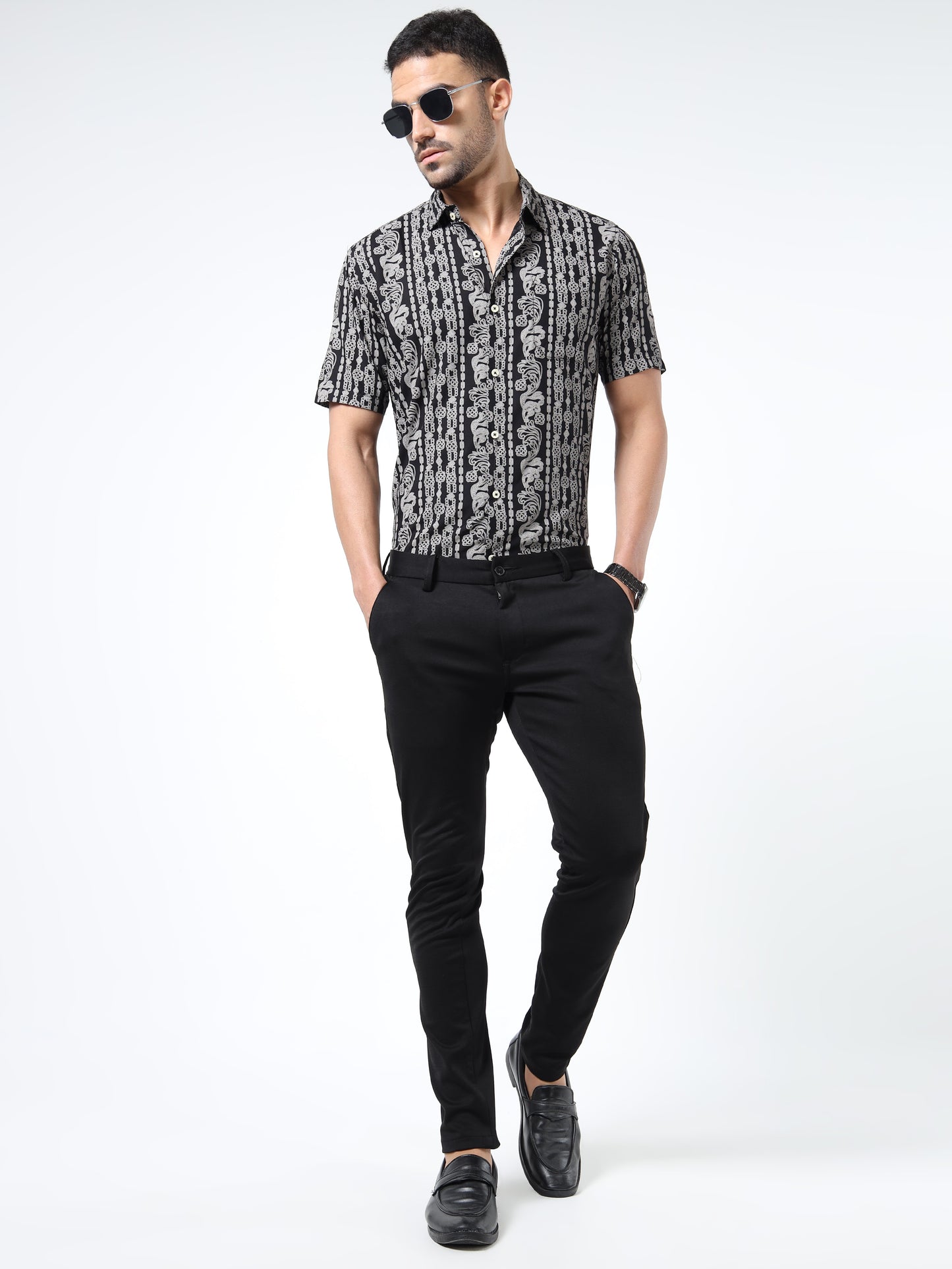 Men Black & Grey Abstract Rayon Slim‑Fit Shirt – Half Sleeves, Spread Collar