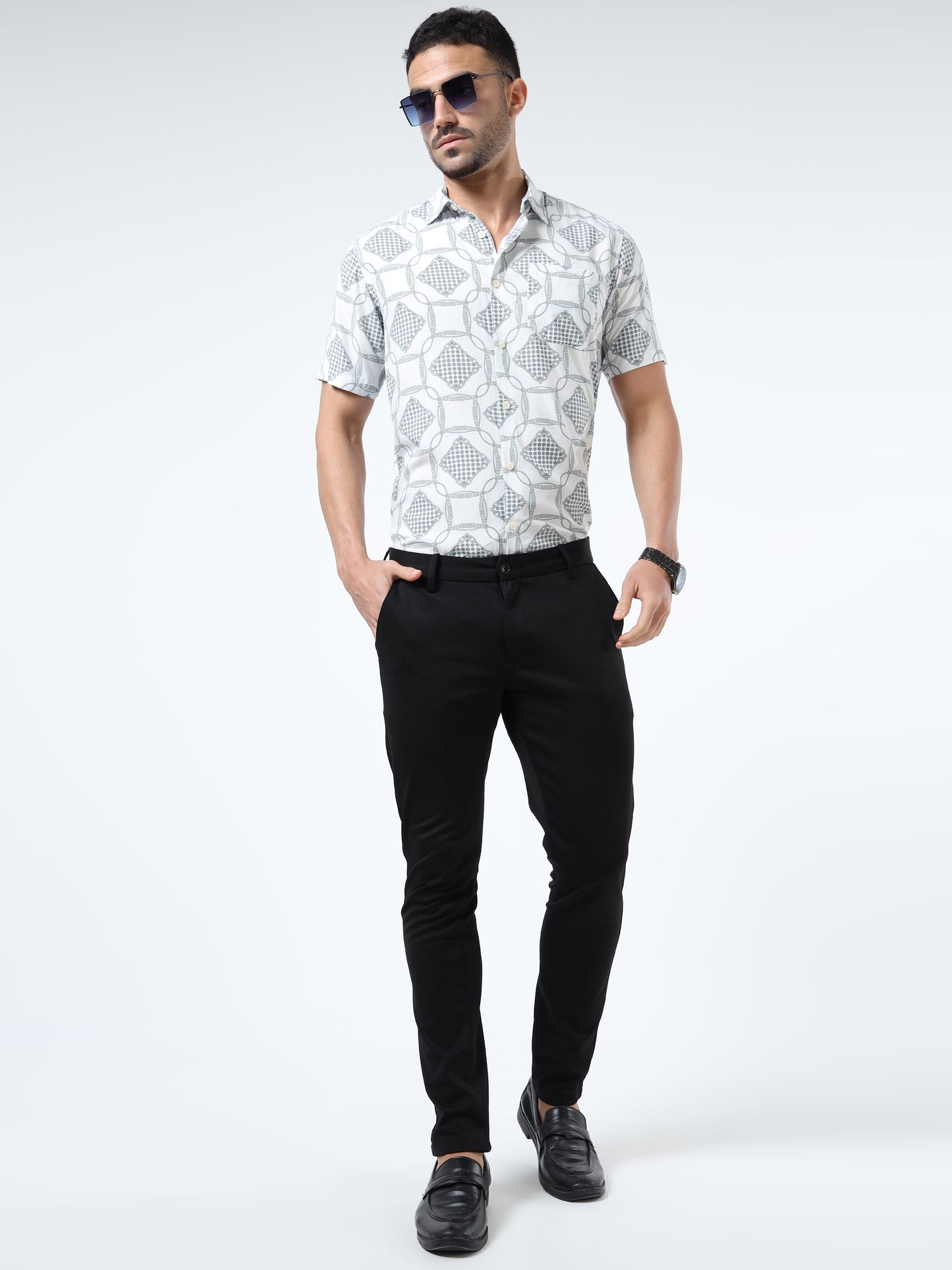 Men Vibrant White & Blue Abstract Rayon Slim‑Fit Shirt – Spread Collar, Half Sleeves