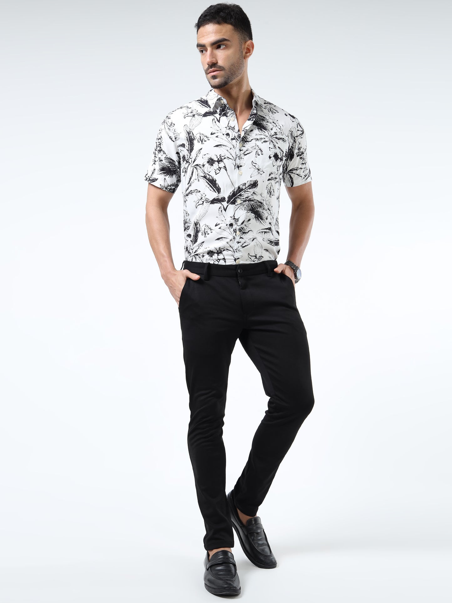Men Bold Abstract Black & White Rayon Casual Shirt – Half‑Sleeve, Spread Collar
