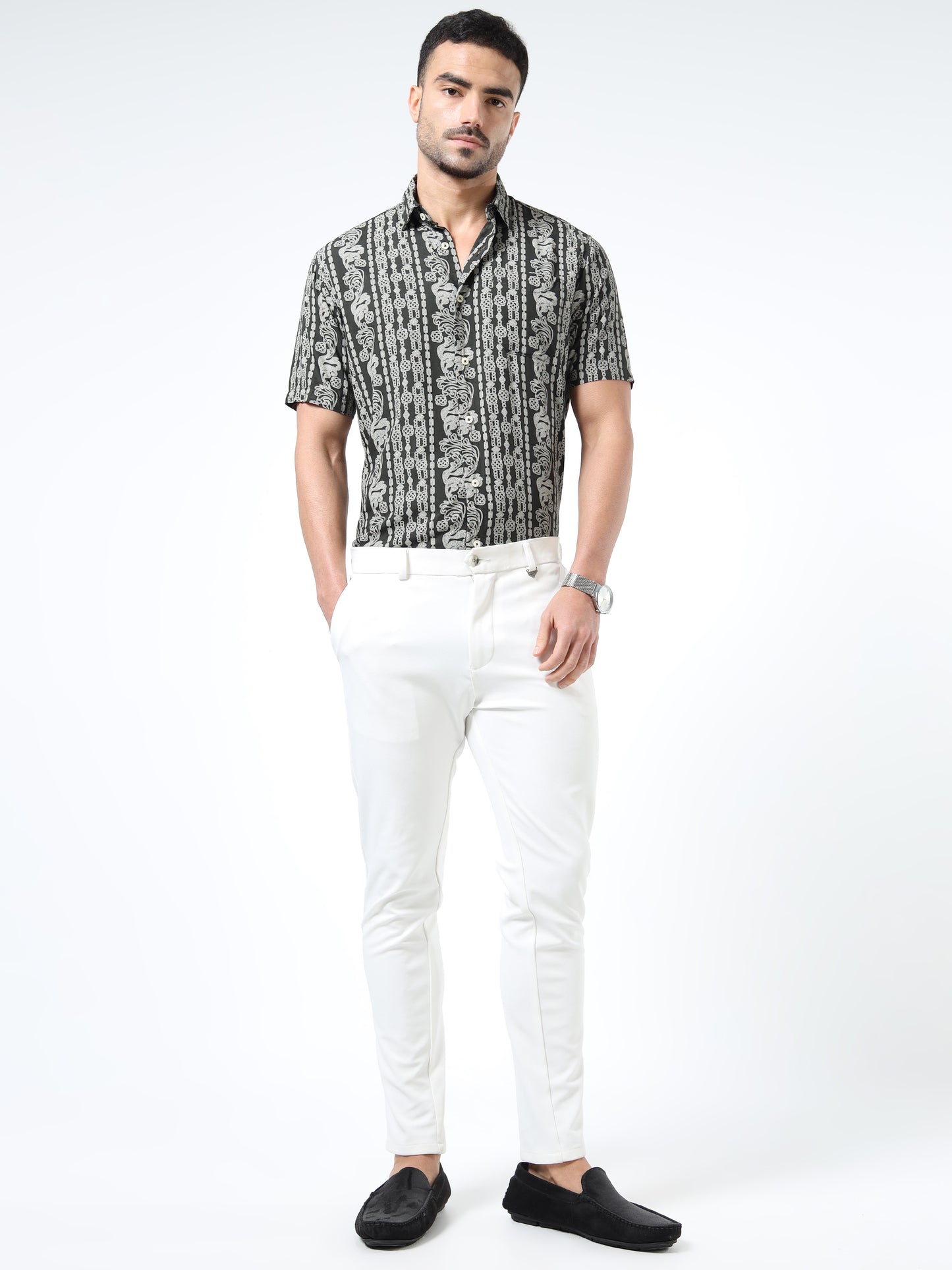 Stylish Olive Green & Black Abstract Rayon Slim‑Fit Shirt – Half Sleeves, Spread Collar