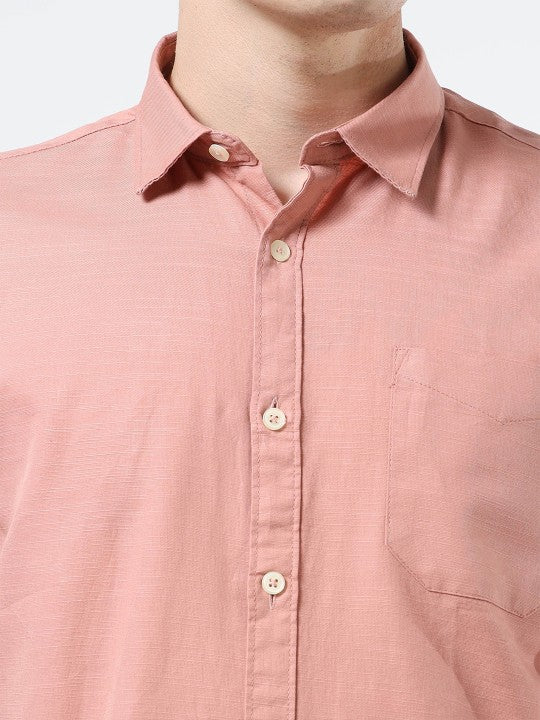 Men Peach Slim Fit Cotton-Flax Casual Shirt with Spread Collar
