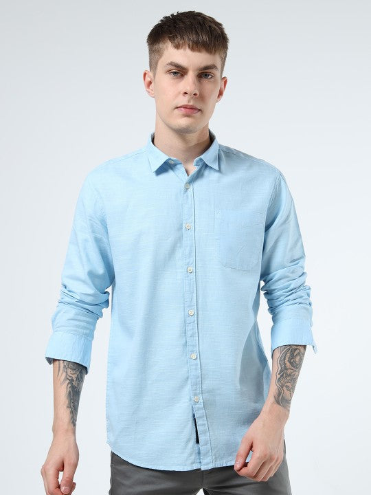 Men Blue Slim Fit Pure Cotton Casual Shirt with Spread Collar
