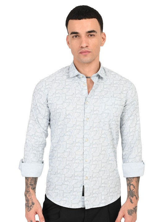Men Blue & White Floral Printed Slim Fit Pure Cotton Casual Shirt