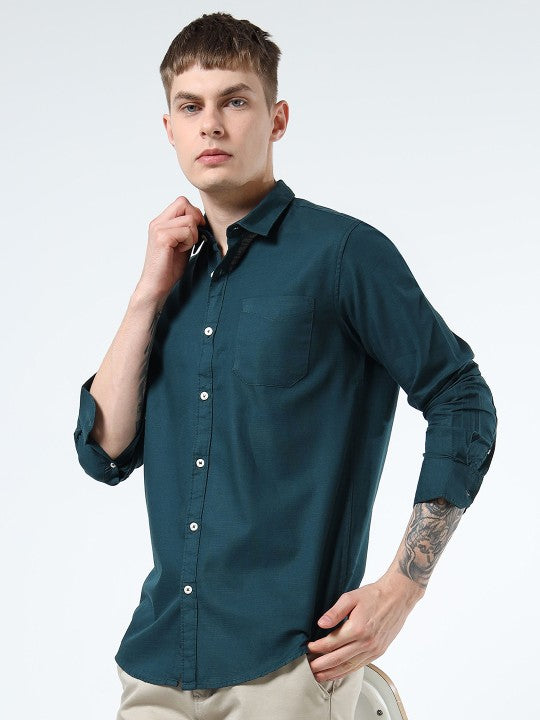 Men Teal India Slim Fit Solid Pure Cotton Casual Shirt