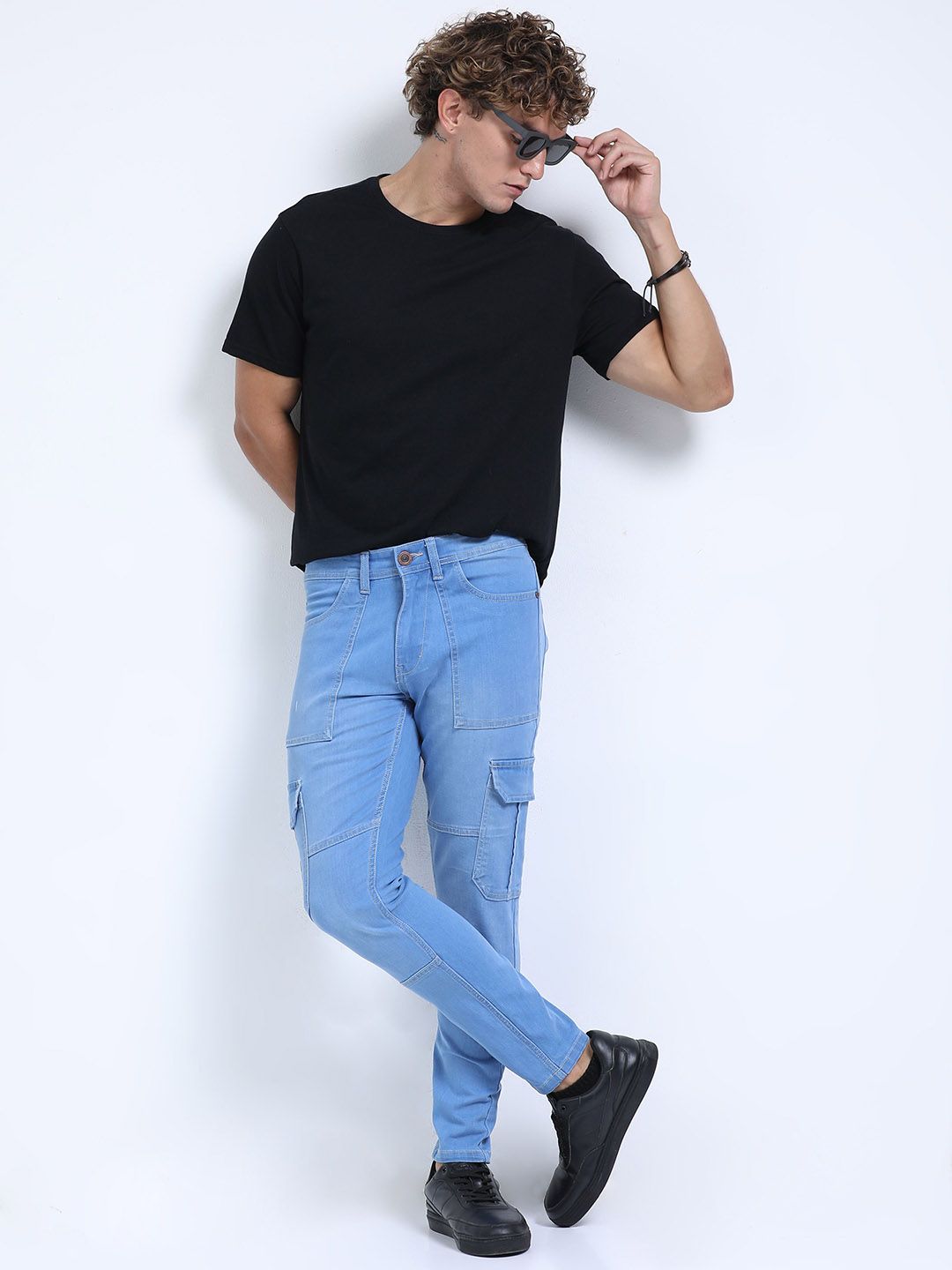 Men Blue Slim Fit Woven Cargo Jeans