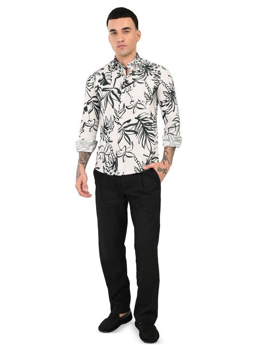 Men’s Black & Off-White Slim Fit Floral Printed Pure Cotton Casual Shirt
