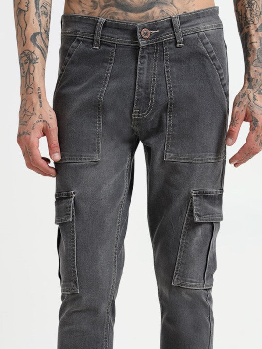 Grey Slim Fit Woven Cargo Pants for Men – Mid-Rise, 6 Pockets, Stretch Cotton