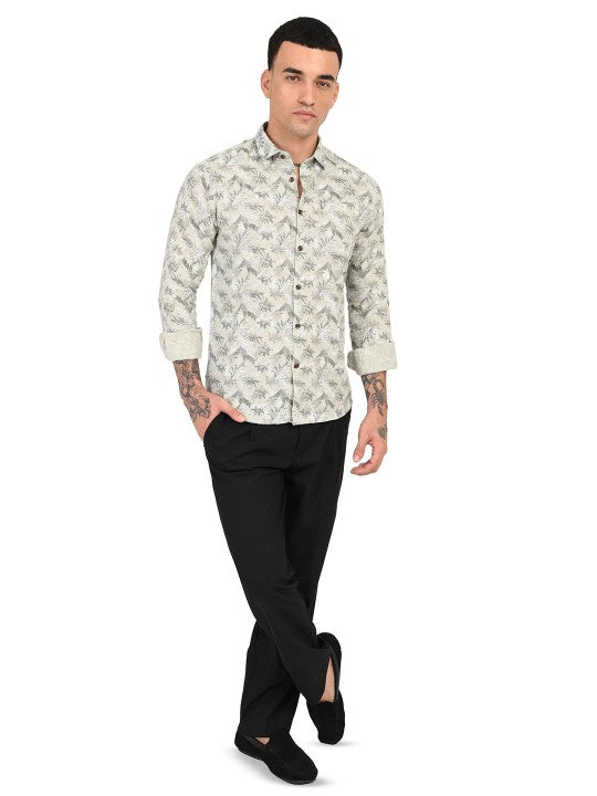 Men’s Grey & Green Abstract Printed Slim Fit Pure Cotton Casual Shirt