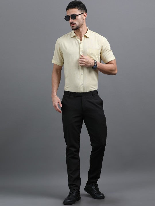 Men Yellow Slim Fit Linen Cotton Spread Collar Casual Shirt