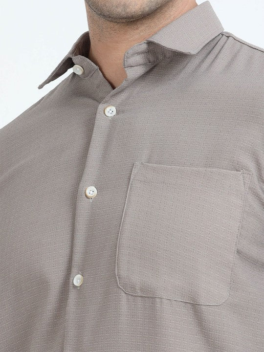 Beige Textured Slim Fit Cotton Casual Shirt for Men