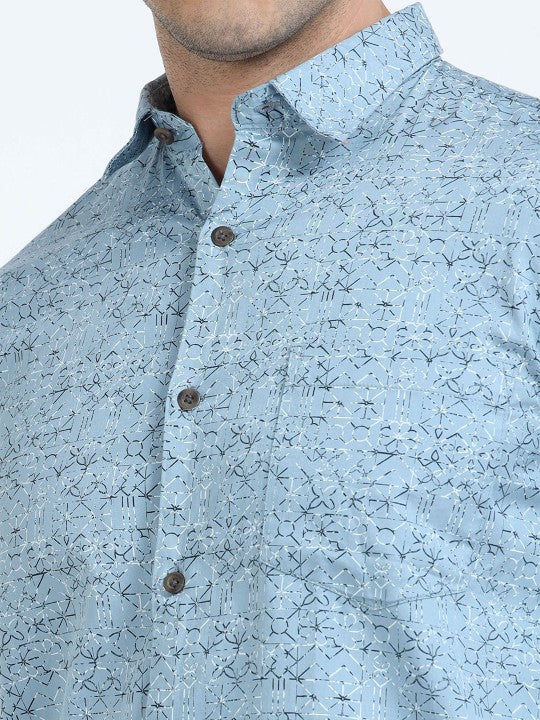 Men Blue Floral Printed Spread Collar Pure Cotton Shirt - Regular Fit