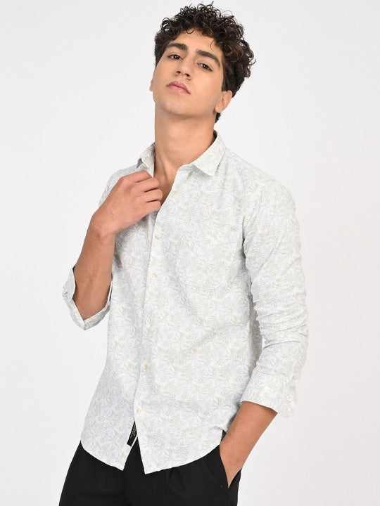 Men Classic Fit Floral Printed Spread Collar Cotton Shirt - White & Blue