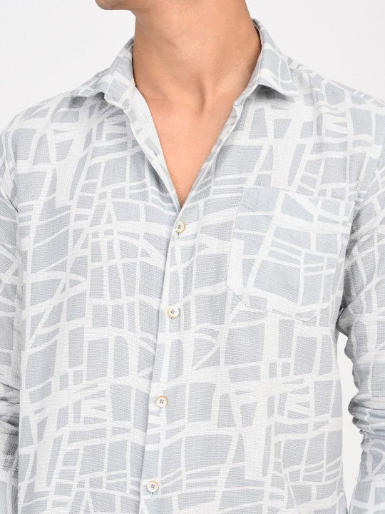 Men Abstract Printed Classic Blue & White Slim Fit Casual Shirt