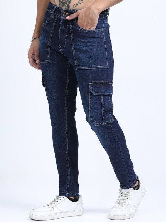 Navy Blue Slim Fit Woven Cargo Jeans - Mid Rise, 6 Pockets