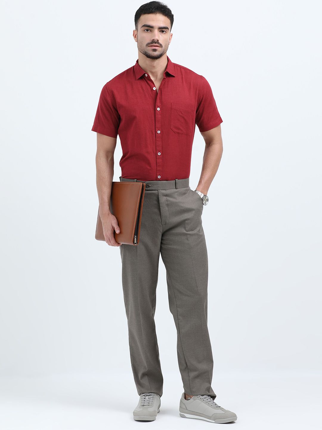 Men Red Slim Fit Linen Cotton Casual Shirt