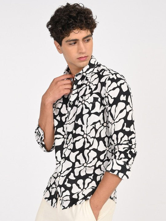 Men Black & White Abstract Printed Slim Fit Cotton Casual Shirt