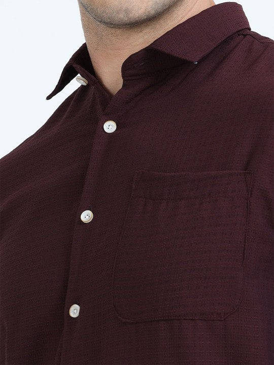 Maroon Textured Slim Fit Cotton Casual Shirt for Men