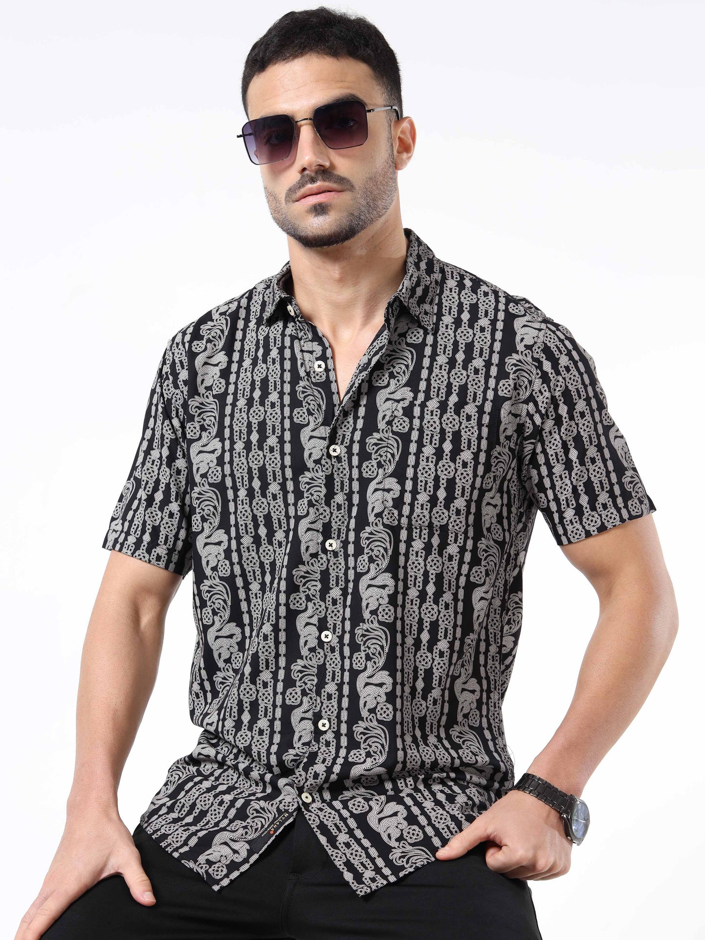 Men Black & Grey Abstract Rayon Slim‑Fit Shirt – Half Sleeves, Spread Collar