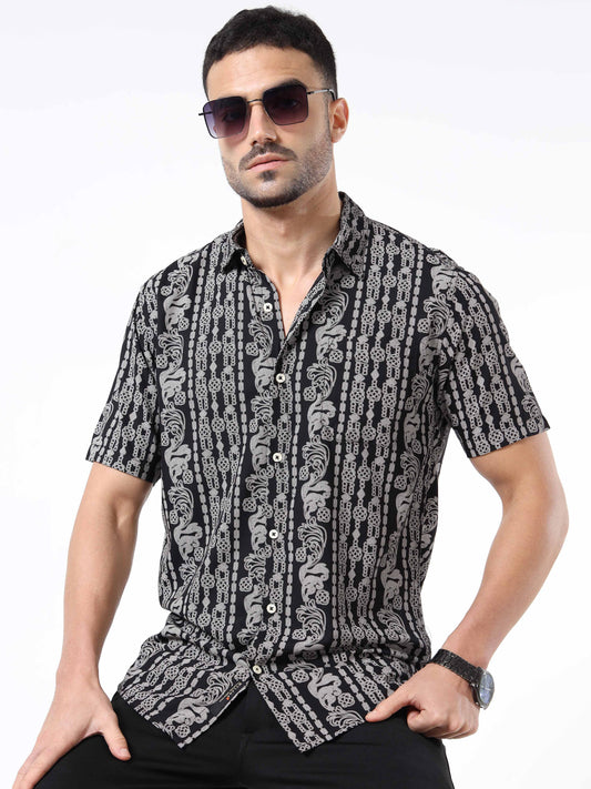 Men Black & Grey Abstract Rayon Slim‑Fit Shirt – Half Sleeves, Spread Collar