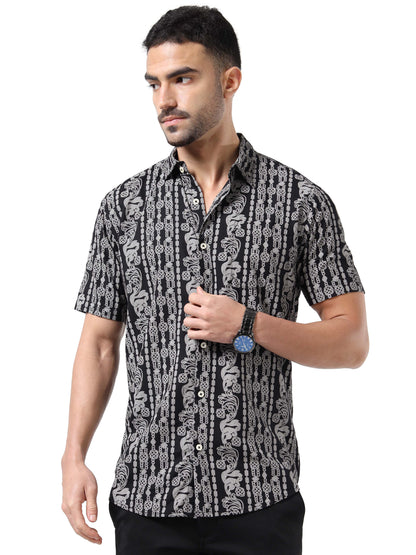 Men Black & Grey Abstract Rayon Slim‑Fit Shirt – Half Sleeves, Spread Collar