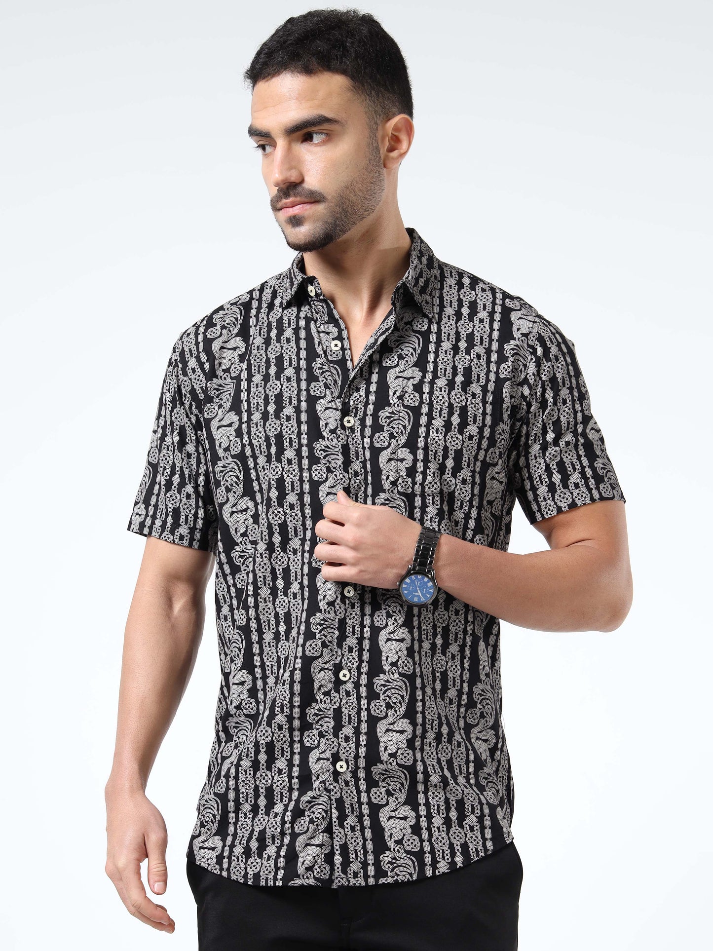 Men Black & Grey Abstract Rayon Slim‑Fit Shirt – Half Sleeves, Spread Collar