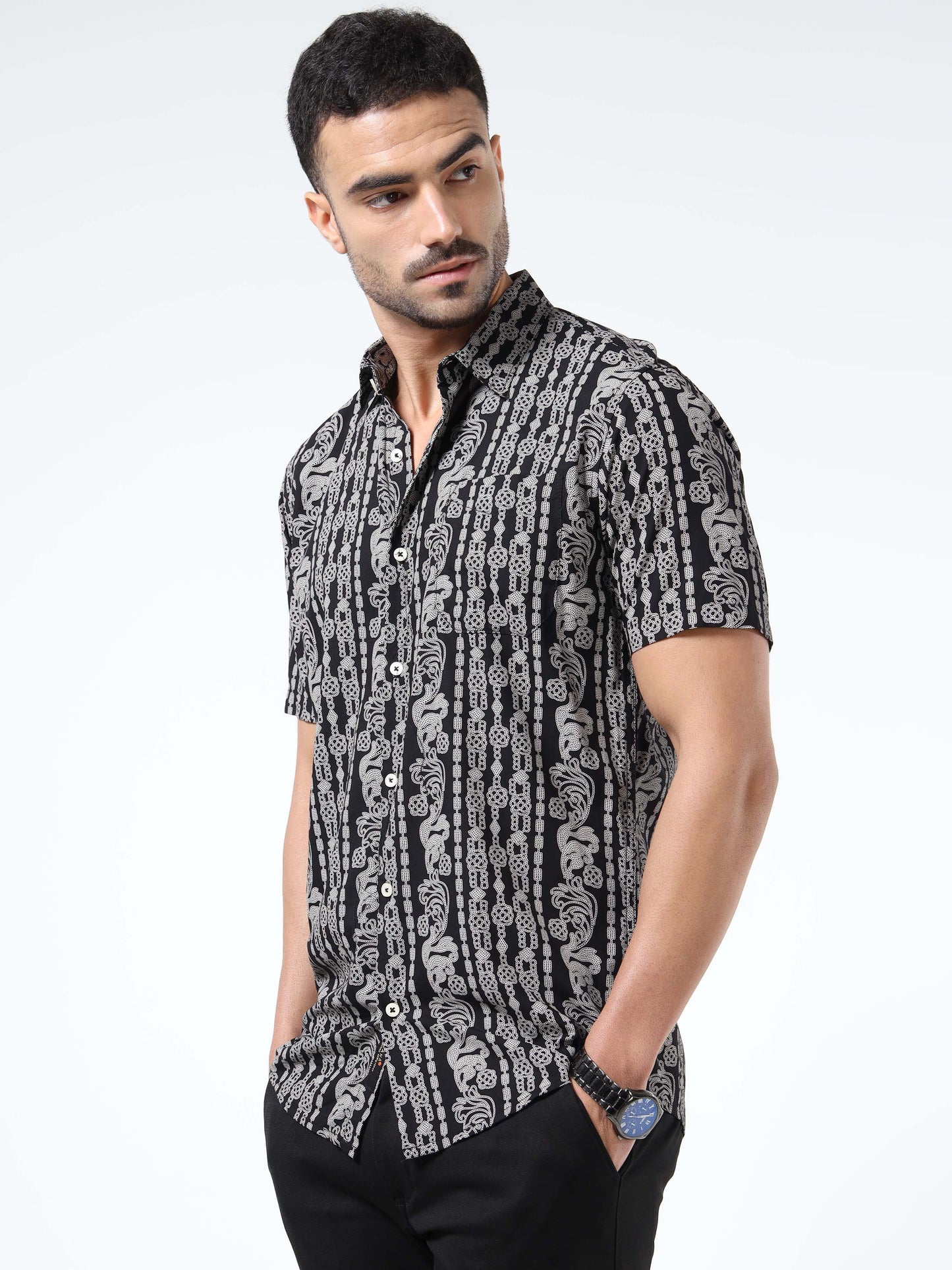 Men Black & Grey Abstract Rayon Slim‑Fit Shirt – Half Sleeves, Spread Collar