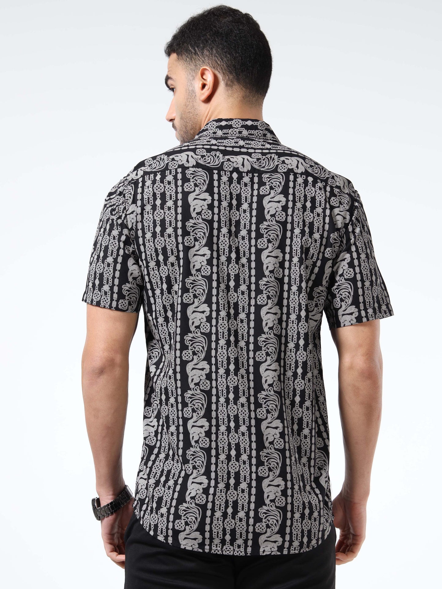 Men Black & Grey Abstract Rayon Slim‑Fit Shirt – Half Sleeves, Spread Collar