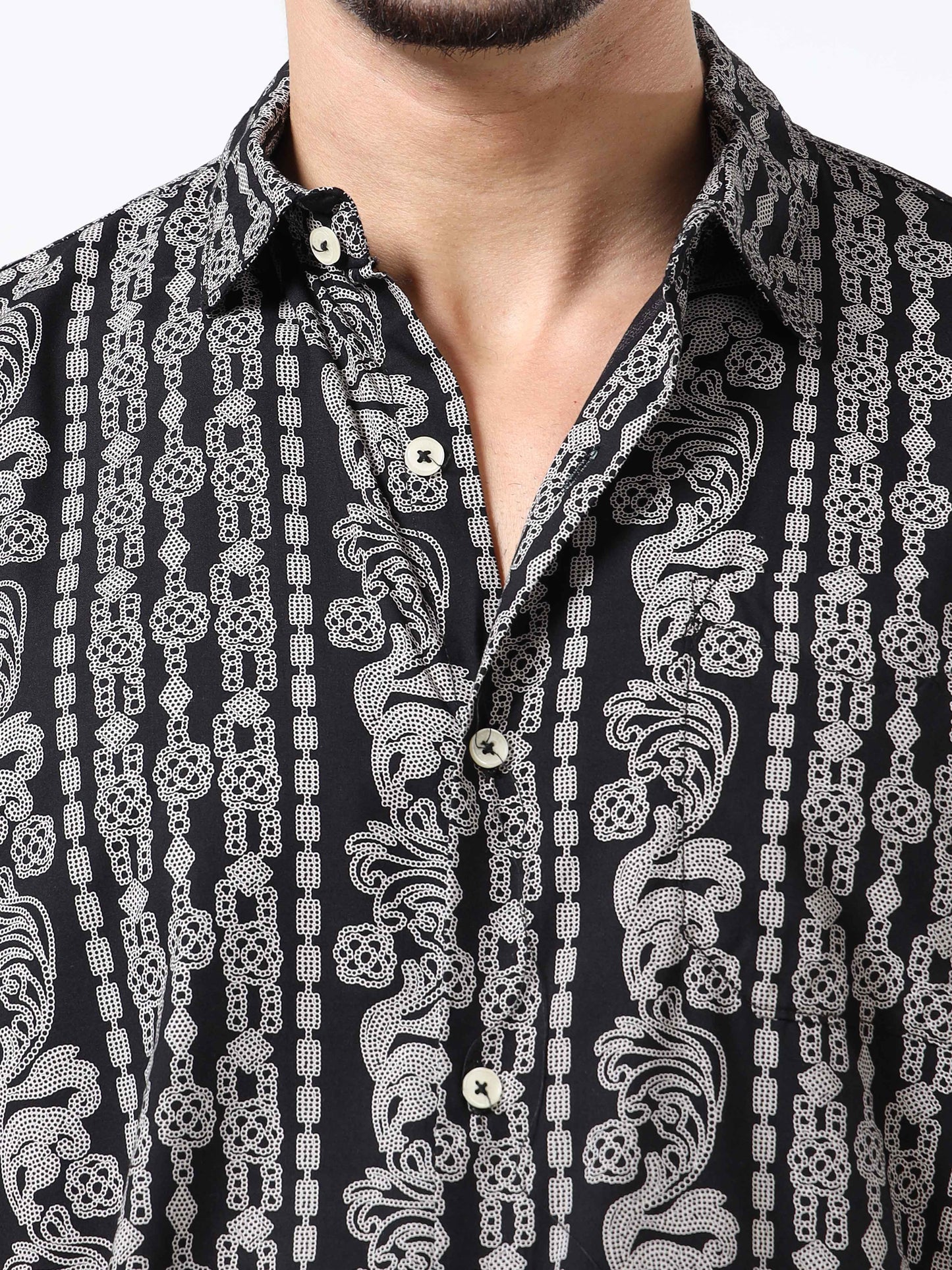 Men Black & Grey Abstract Rayon Slim‑Fit Shirt – Half Sleeves, Spread Collar