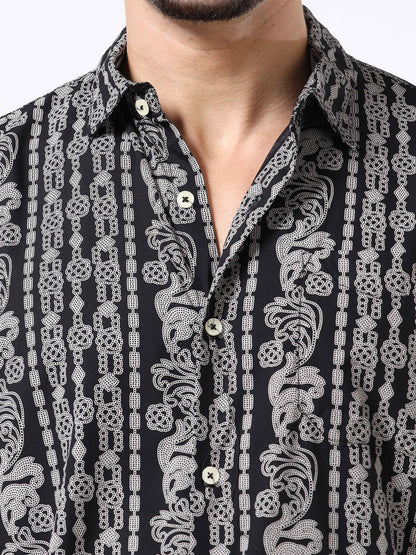 Men Black & Grey Abstract Rayon Slim‑Fit Shirt – Half Sleeves, Spread Collar