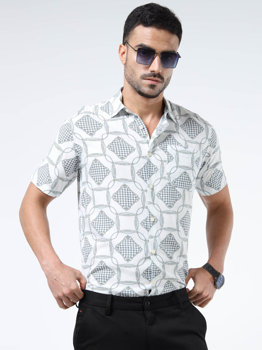 Men Vibrant White & Blue Abstract Rayon Slim‑Fit Shirt – Spread Collar, Half Sleeves