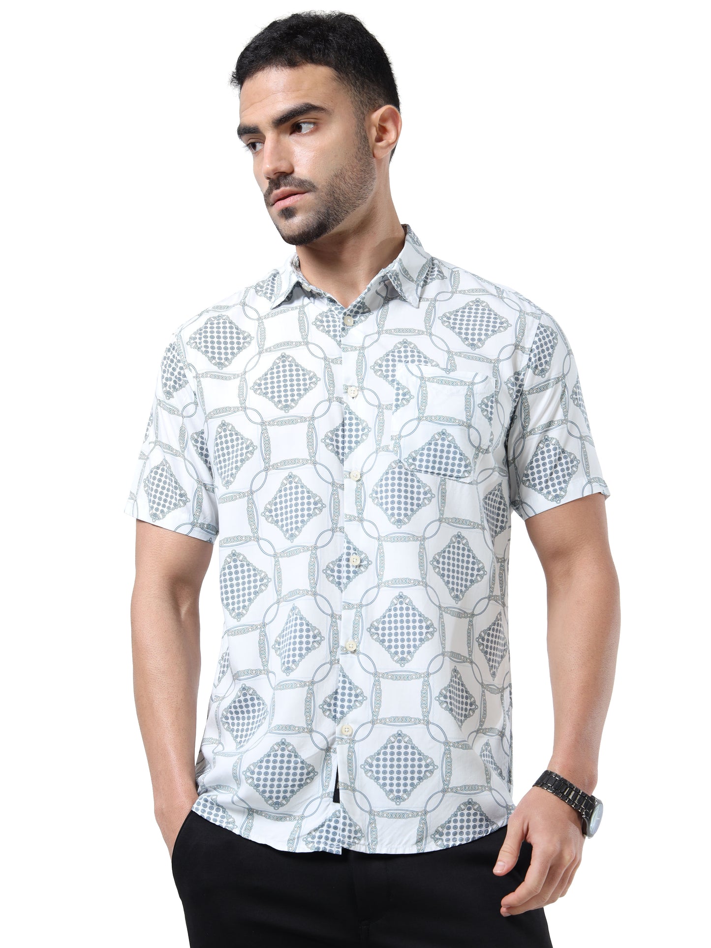Men Vibrant White & Blue Abstract Rayon Slim‑Fit Shirt – Spread Collar, Half Sleeves