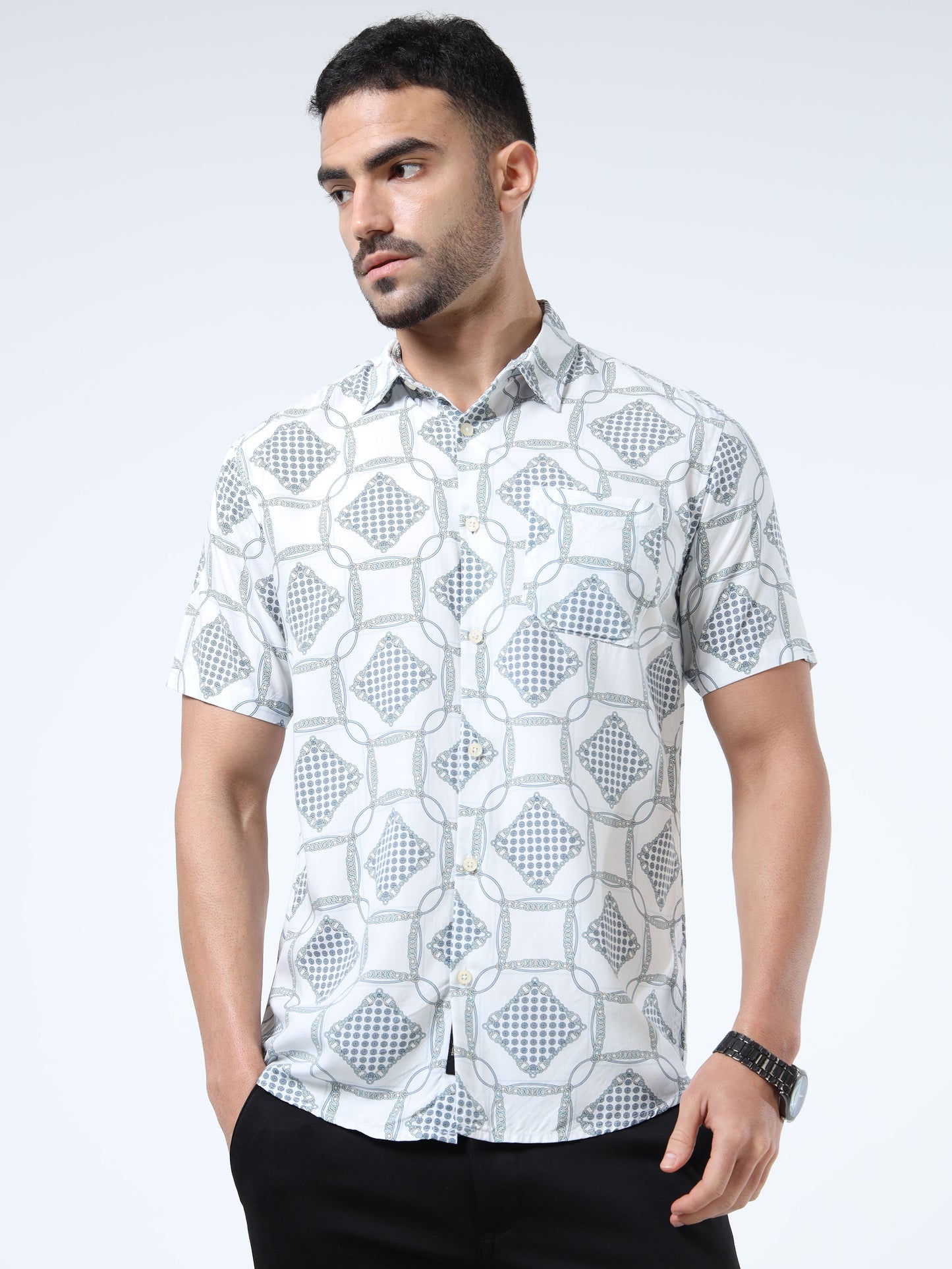 Men Vibrant White & Blue Abstract Rayon Slim‑Fit Shirt – Spread Collar, Half Sleeves
