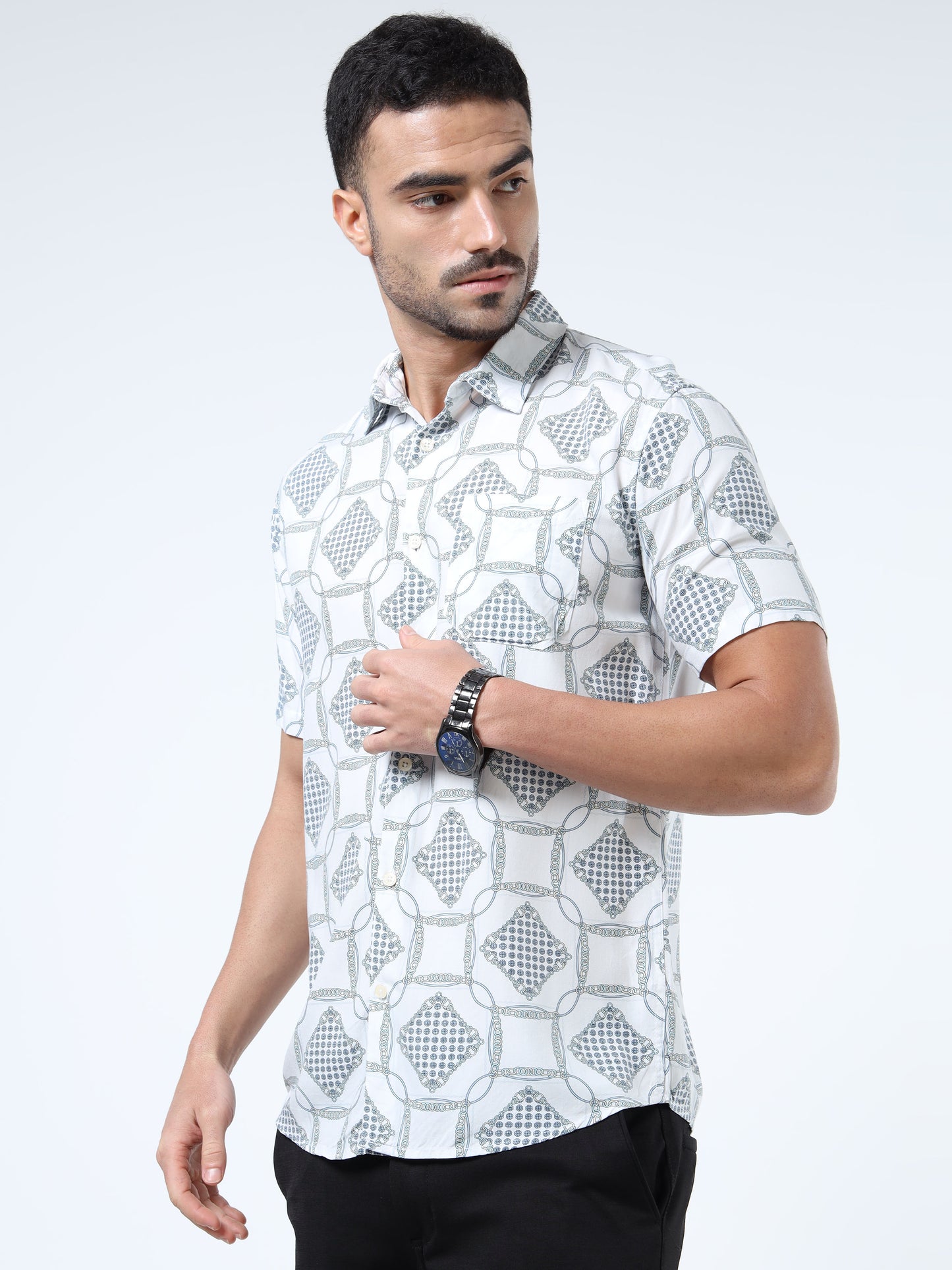 Men Vibrant White & Blue Abstract Rayon Slim‑Fit Shirt – Spread Collar, Half Sleeves
