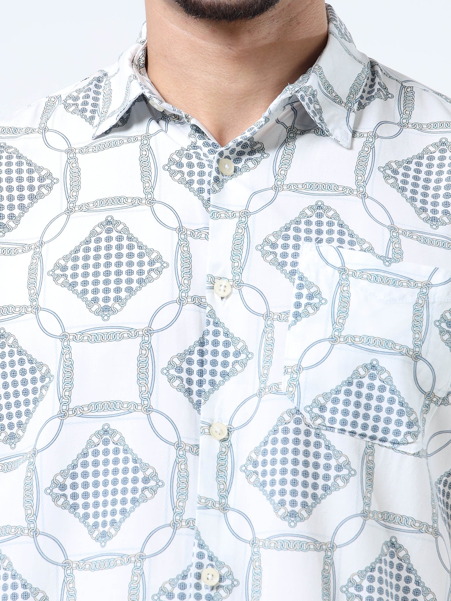 Men Vibrant White & Blue Abstract Rayon Slim‑Fit Shirt – Spread Collar, Half Sleeves