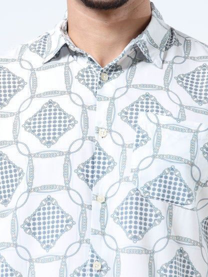 Men Vibrant White & Blue Abstract Rayon Slim‑Fit Shirt – Spread Collar, Half Sleeves