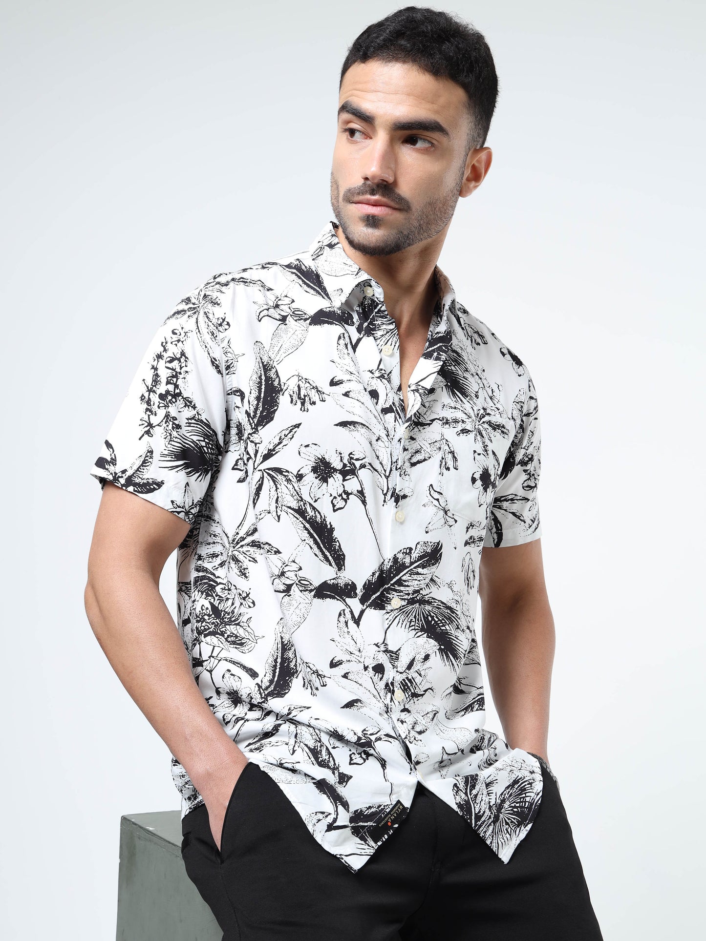 Men Bold Abstract Black & White Rayon Casual Shirt – Half‑Sleeve, Spread Collar