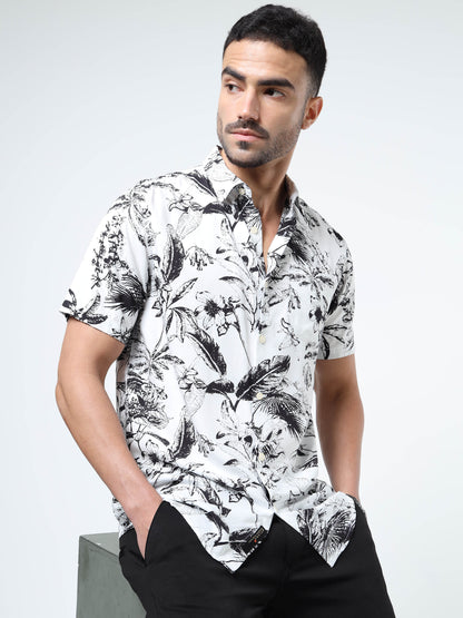 Men Bold Abstract Black & White Rayon Casual Shirt – Half‑Sleeve, Spread Collar