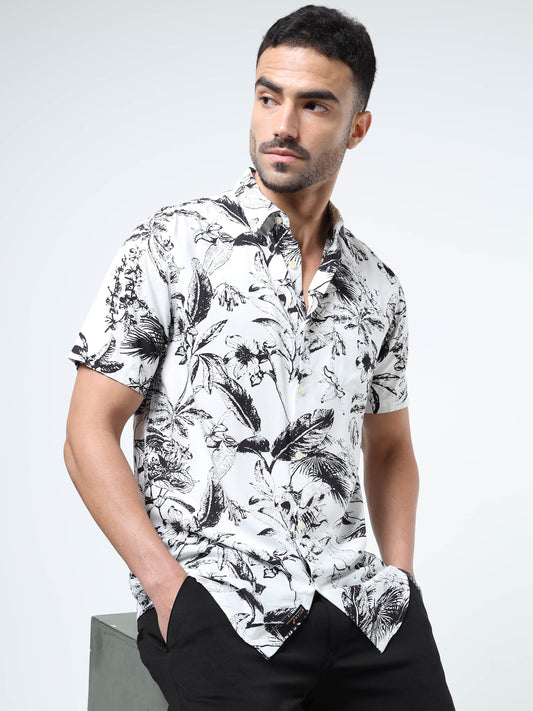 Men Bold Abstract Black & White Rayon Casual Shirt – Half‑Sleeve, Spread Collar