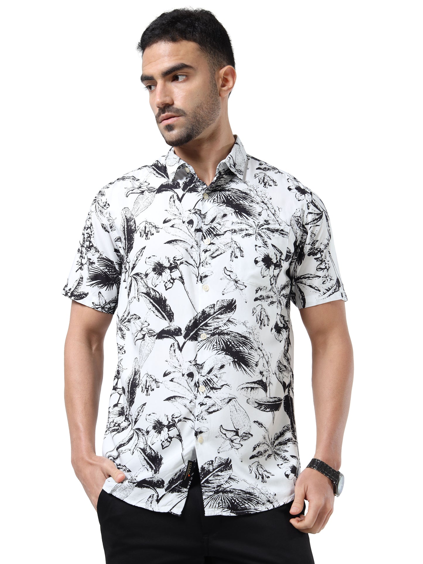 Men Bold Abstract Black & White Rayon Casual Shirt – Half‑Sleeve, Spread Collar