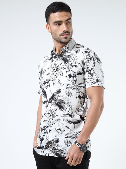 Men Bold Abstract Black & White Rayon Casual Shirt – Half‑Sleeve, Spread Collar