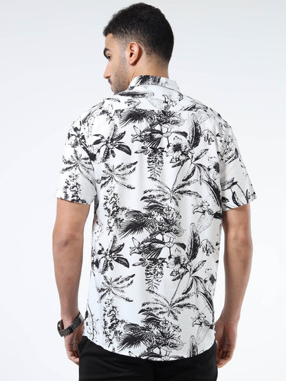 Men Bold Abstract Black & White Rayon Casual Shirt – Half‑Sleeve, Spread Collar