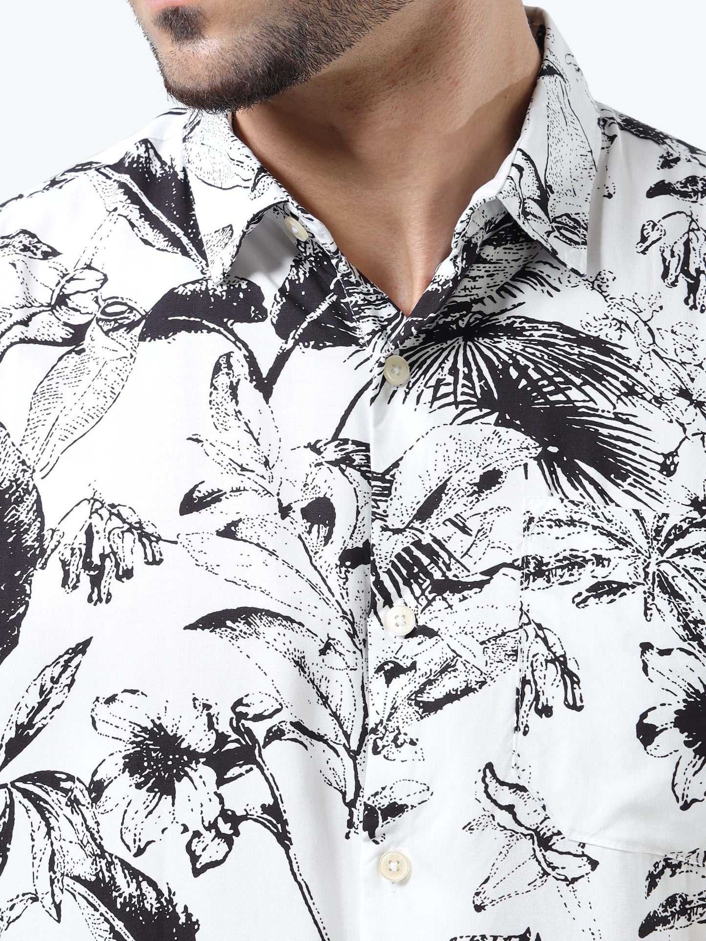 Men Bold Abstract Black & White Rayon Casual Shirt – Half‑Sleeve, Spread Collar