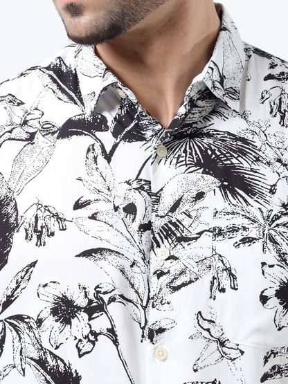 Men Bold Abstract Black & White Rayon Casual Shirt – Half‑Sleeve, Spread Collar