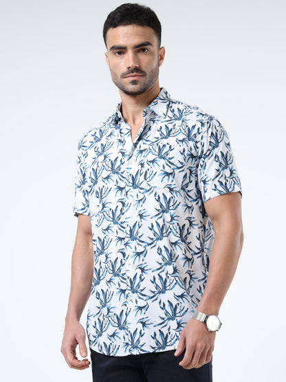 Men Chic White & Navy Abstract Print Slim‑Fit Rayon Shirt – Half Sleeves, Spread Collar