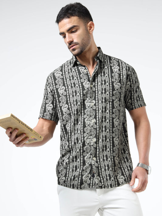 Stylish Olive Green & Black Abstract Rayon Slim‑Fit Shirt – Half Sleeves, Spread Collar