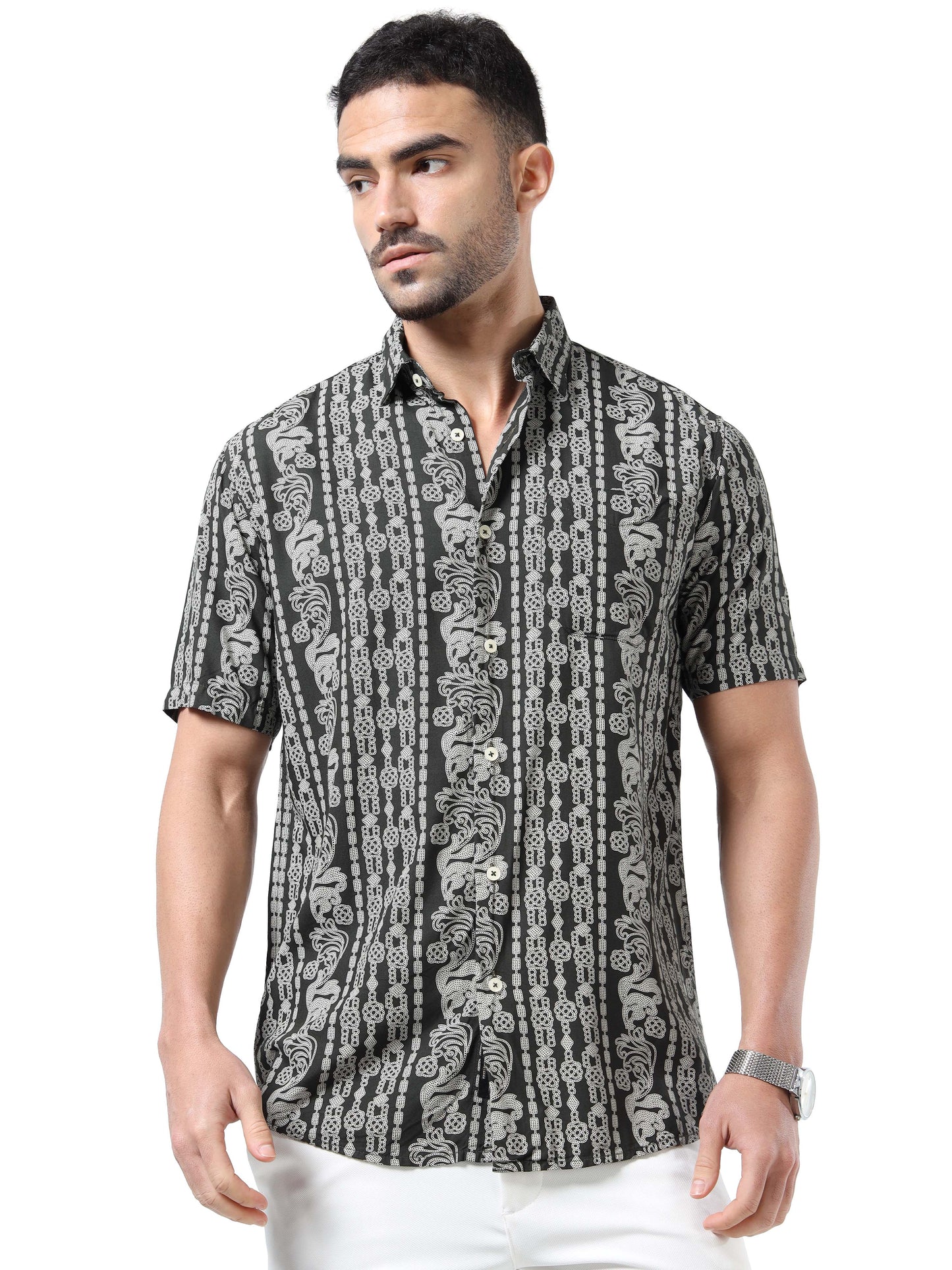 Stylish Olive Green & Black Abstract Rayon Slim‑Fit Shirt – Half Sleeves, Spread Collar