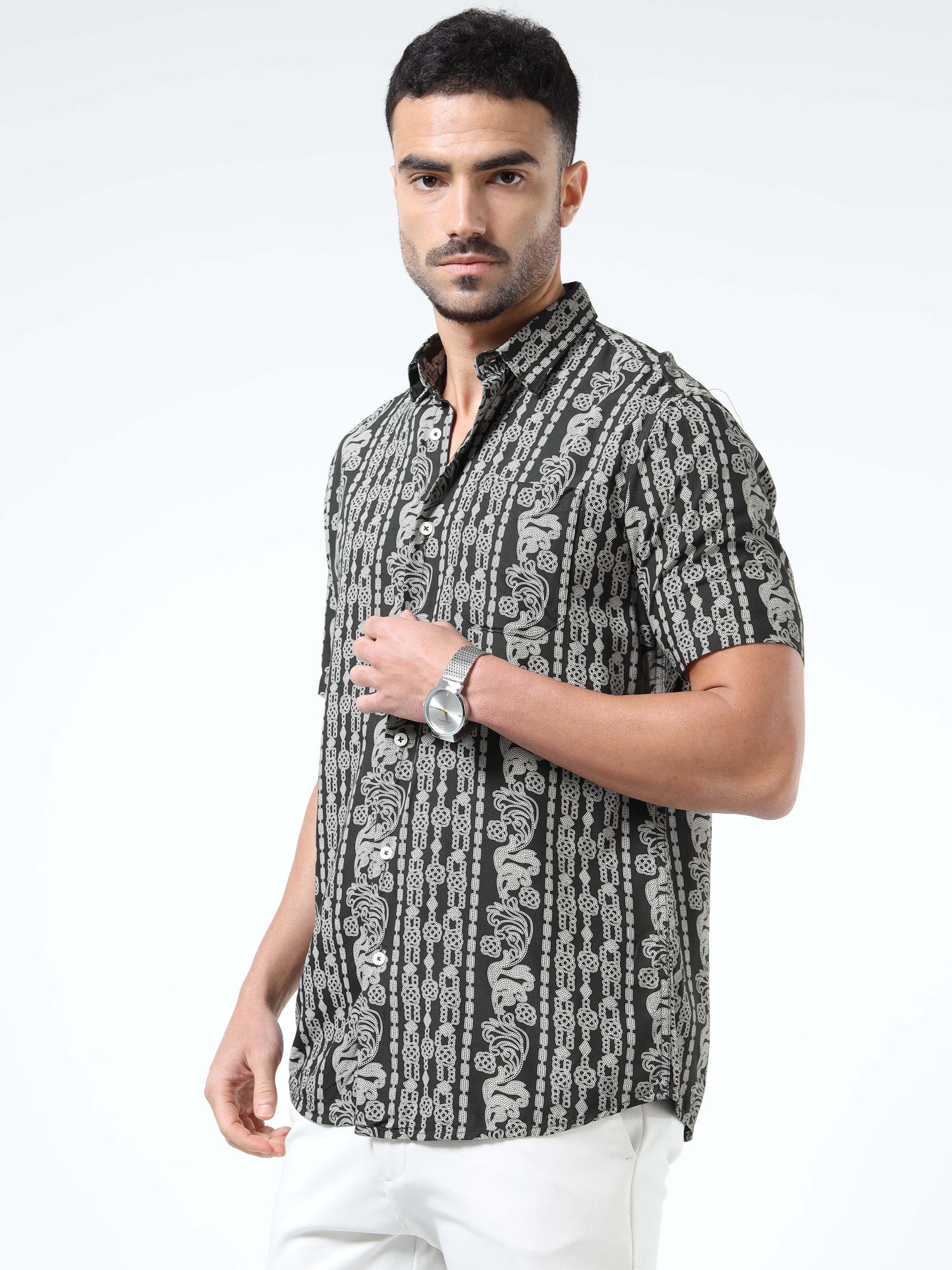 Stylish Olive Green & Black Abstract Rayon Slim‑Fit Shirt – Half Sleeves, Spread Collar
