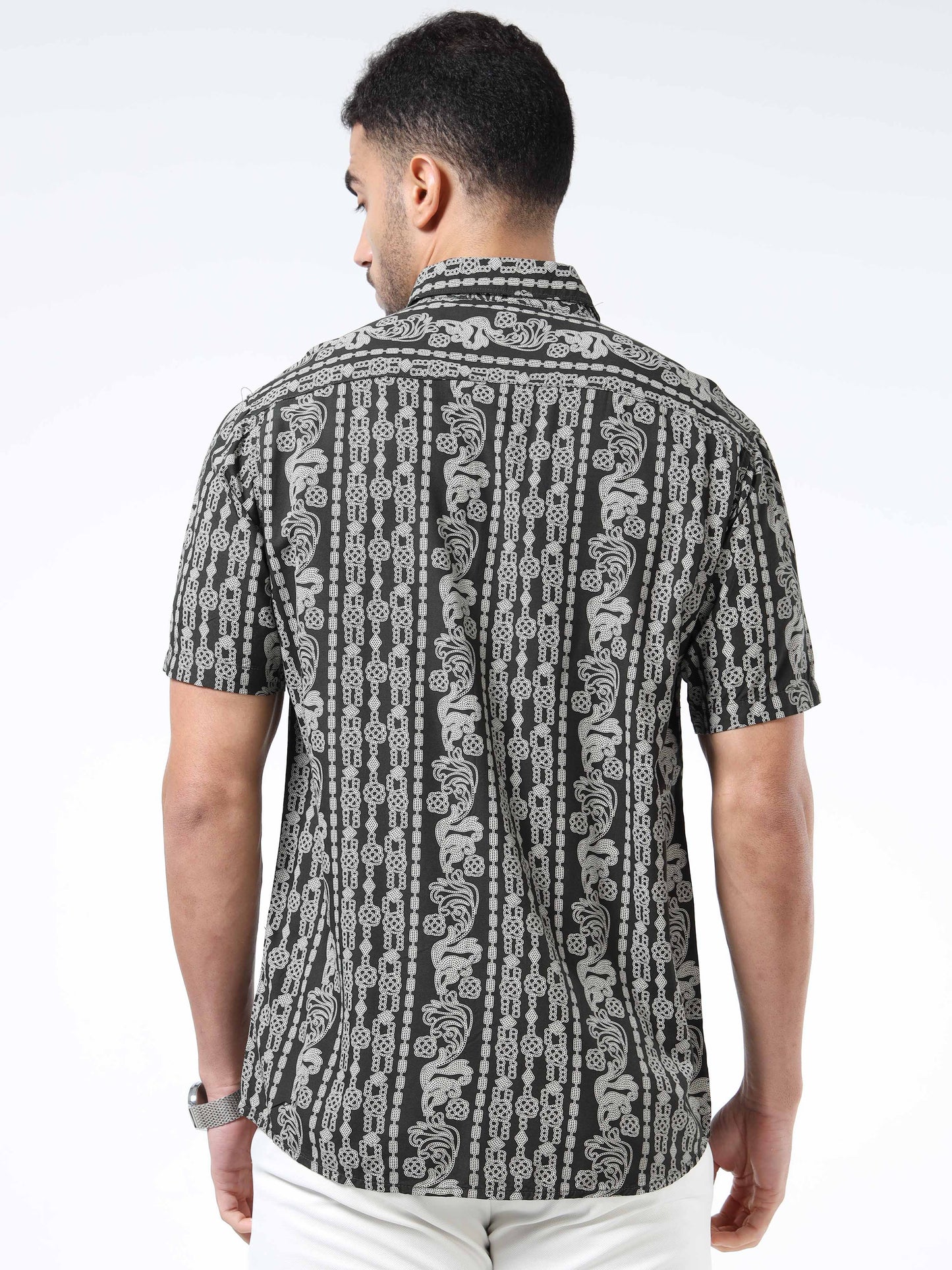 Stylish Olive Green & Black Abstract Rayon Slim‑Fit Shirt – Half Sleeves, Spread Collar