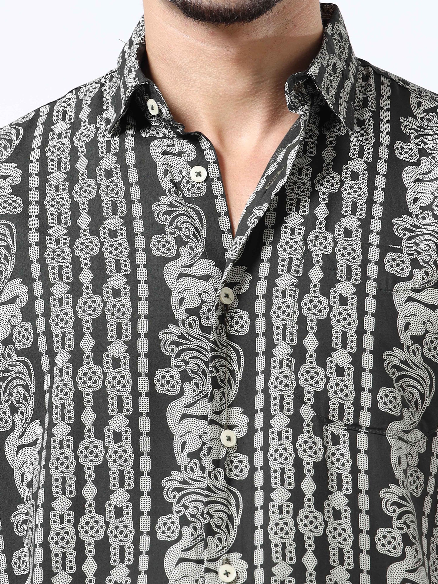 Stylish Olive Green & Black Abstract Rayon Slim‑Fit Shirt – Half Sleeves, Spread Collar