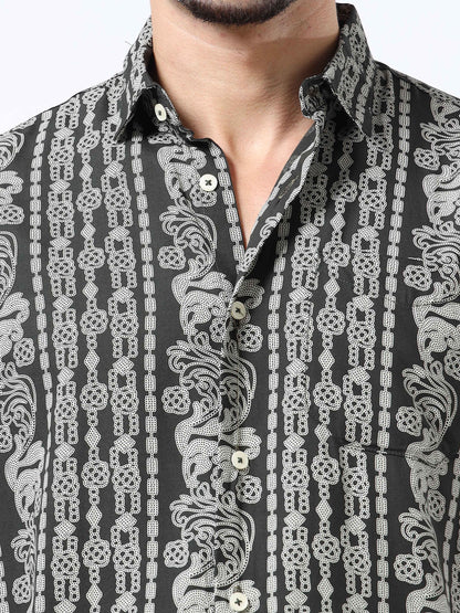 Stylish Olive Green & Black Abstract Rayon Slim‑Fit Shirt – Half Sleeves, Spread Collar